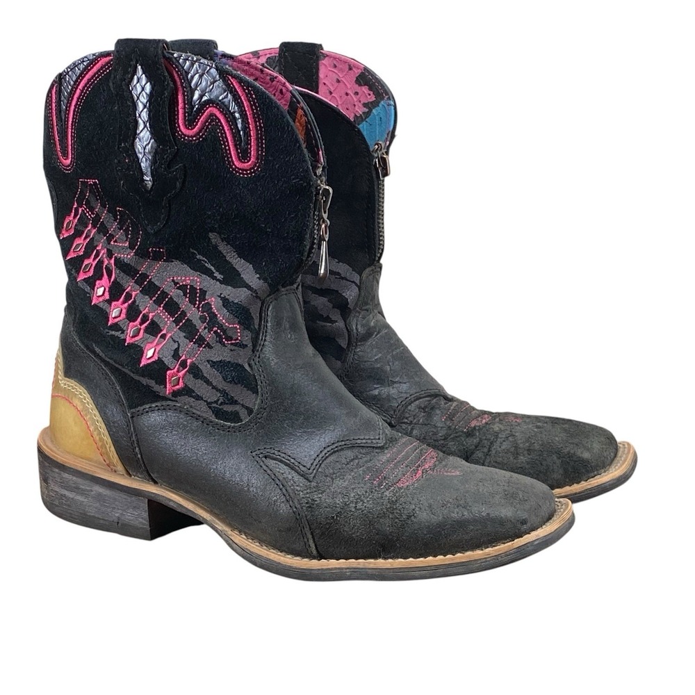 Ariat Fatbaby Boho Festival Black Pink Western Boots Women's Size 10 B